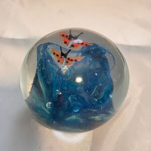 Handcrafted Glass Paperweight with Orange‎ Butterflies Blue Swirl Art Desk Decor